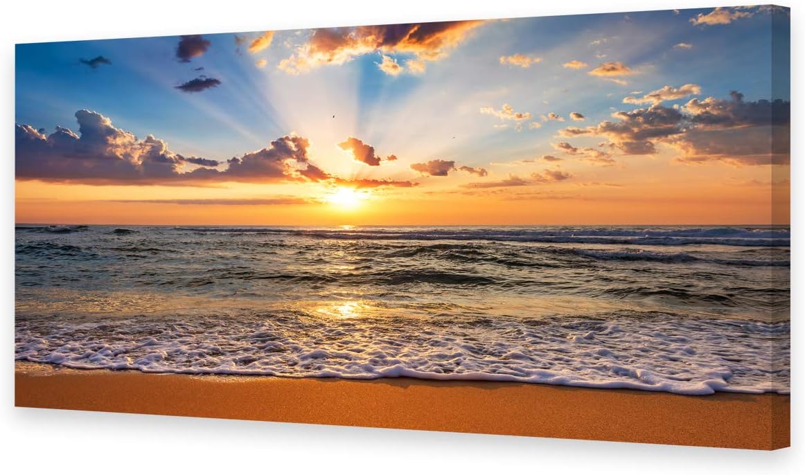 Muolunna BK1850 Wall Art Decor Large Canvas Print Picture Sunrise Ocean Beach 1 Panel Waves Scenery Modern Painting Artwork for Office Wall Decor Home Decoration Stretched and Framed Ready to Hang