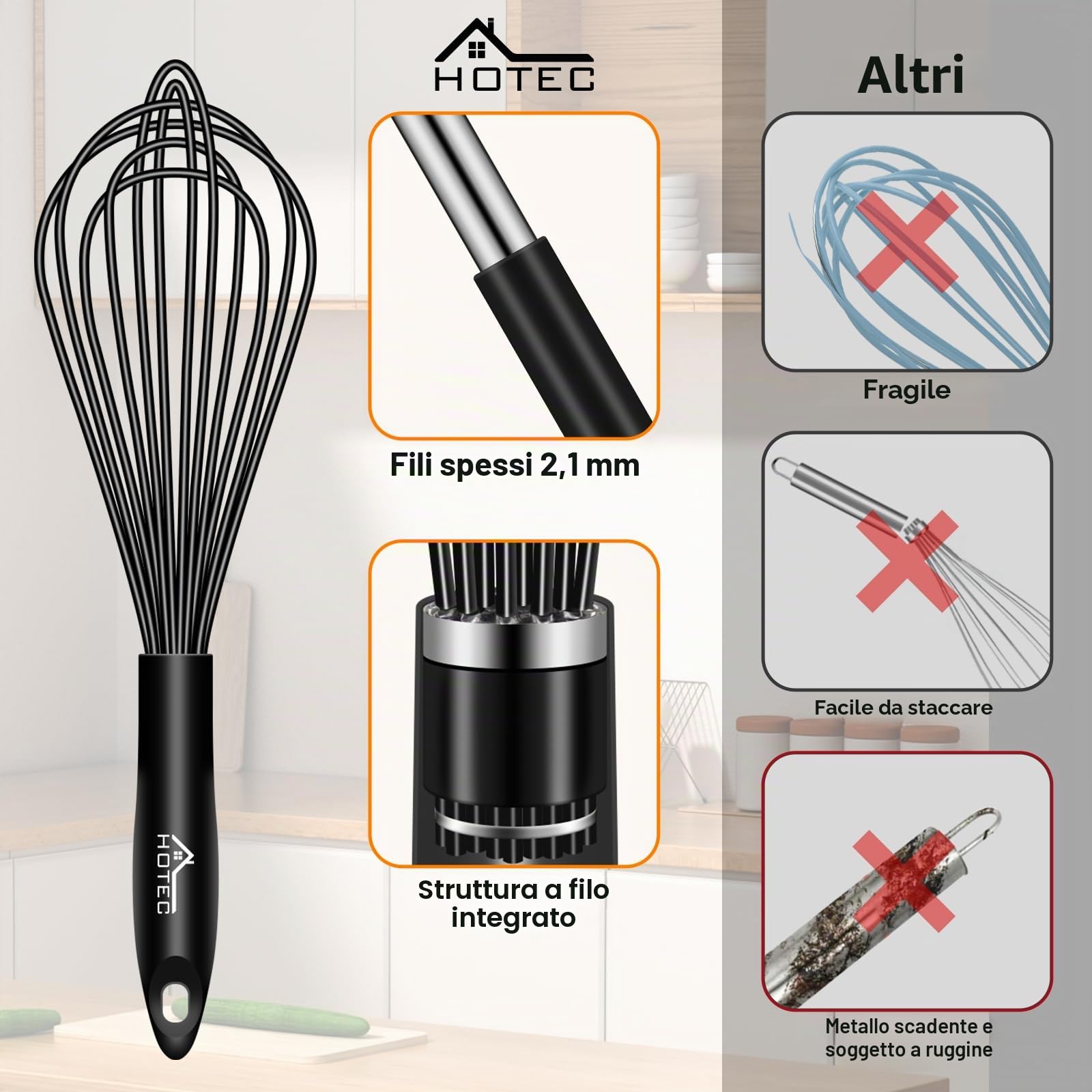 HOTEC Set di 4 fruste in silicone per cucinare fruste a palloncino per cucinare fruste per uova, con manico antiscivolo per pentole antiaderenti, perfette per cucinare, mescolare, sbattere e mescolare