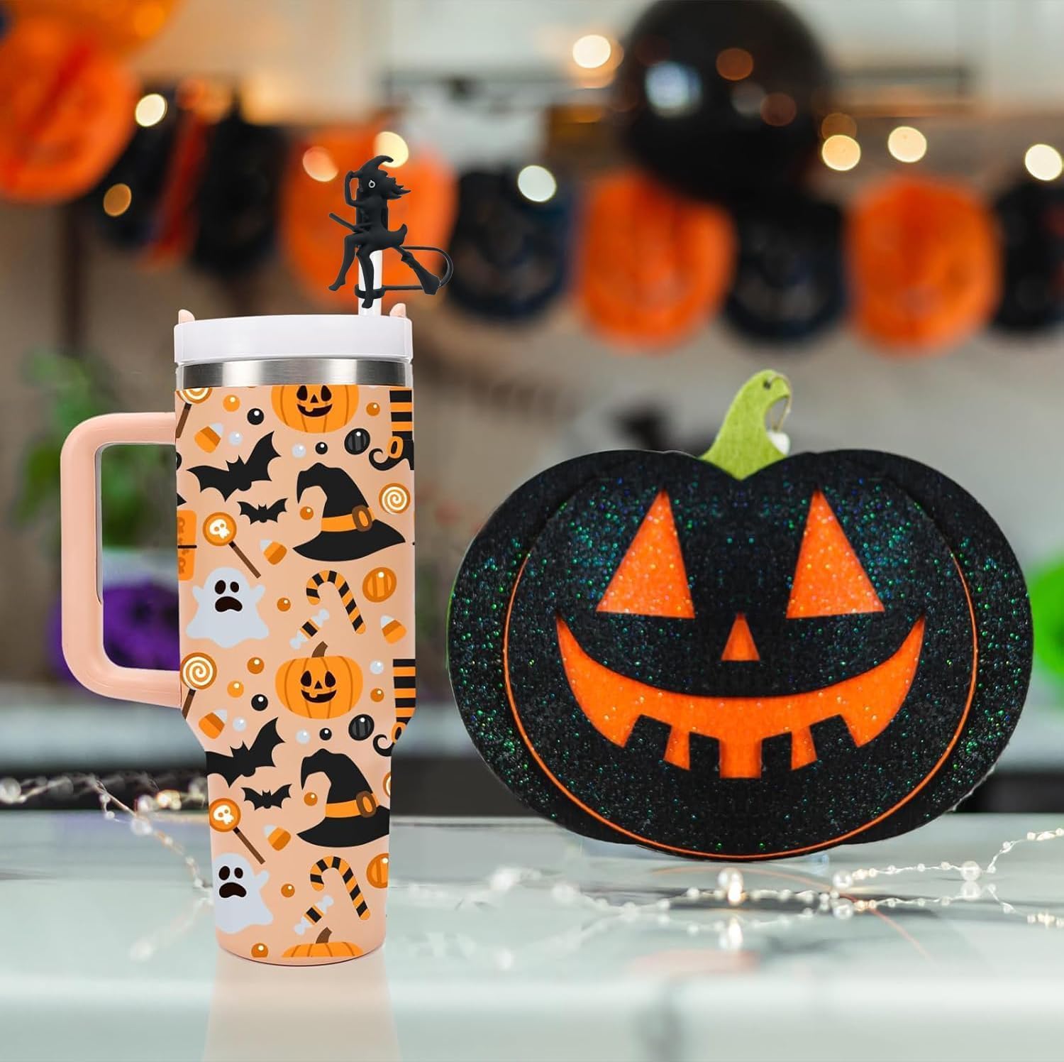 JVNX Halloween Straw Covers – 6Pc Reusable Silicone Straw Toppers for 30 & 40oz Tumblers | Fits 0.4" Straws | Cute Pumpkin, Bat Designs | Stanley Cup Accessories