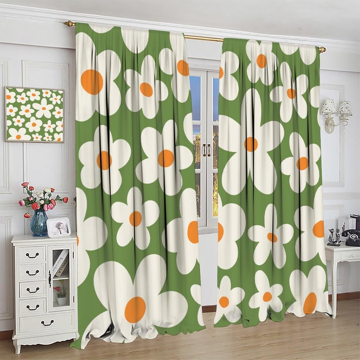 70'S Style Vintage Boho Curtains Retro Groovy Flowers Aesthetic Naive 60'S Mid Century Blackout Window Drapes for Bedroom Living Room Kitchen Cafe Decor （W21xL54 Inch） x2 Panels