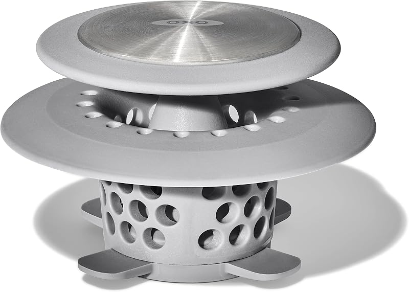 OXO Good Grips Stainless Steel Hair Catch Drain Protector | Catches Hair Without Blocking Water, Removable Topper for Easy Cleaning, Fits Standard Bath Drains