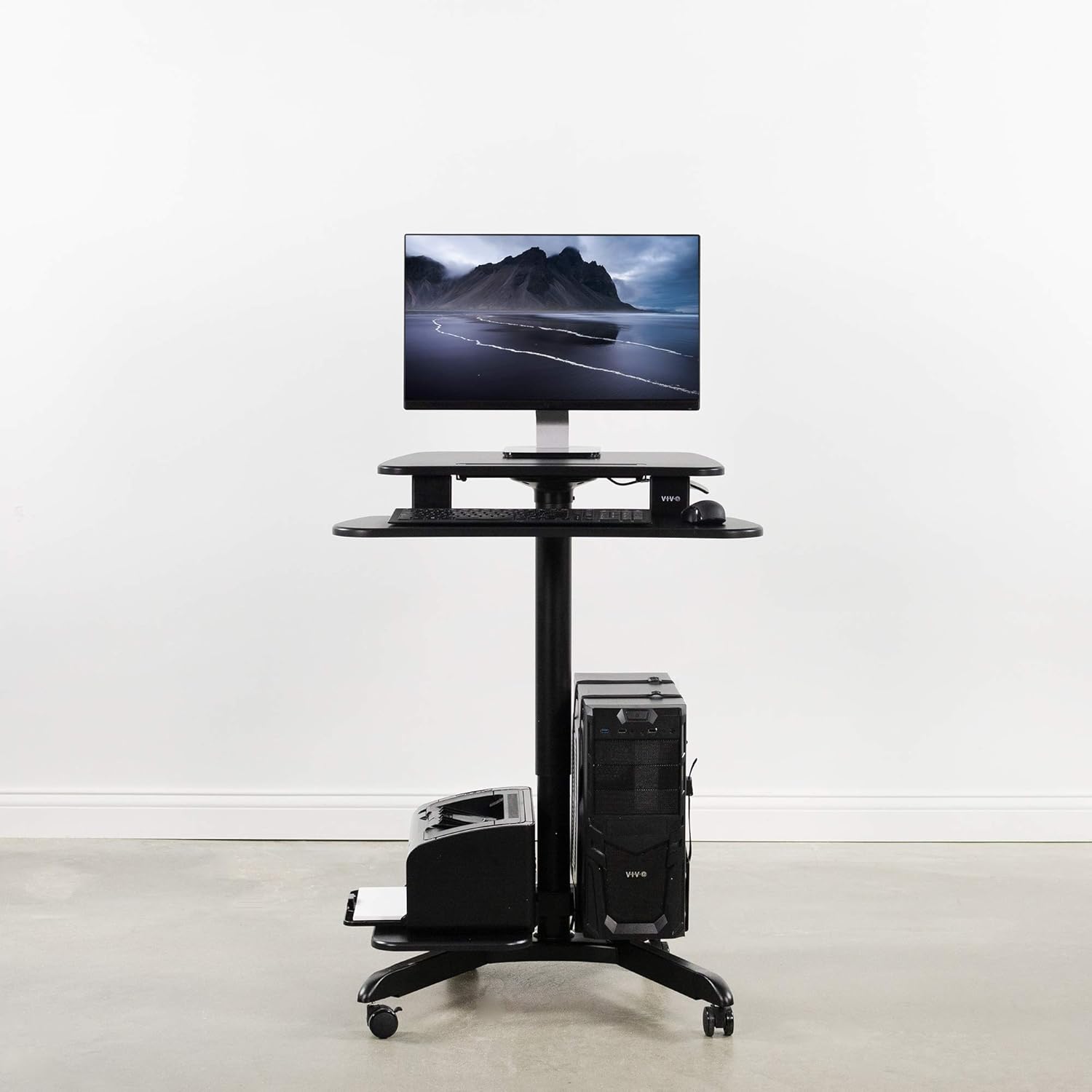 VIVO Rolling Dual Tier 24 inch Sit to Stand Mobile Computer Workstation with Printer and PC Platform, Height Adjustable Desk Presentation Cart, Black, CART-PC02HB : Office Products