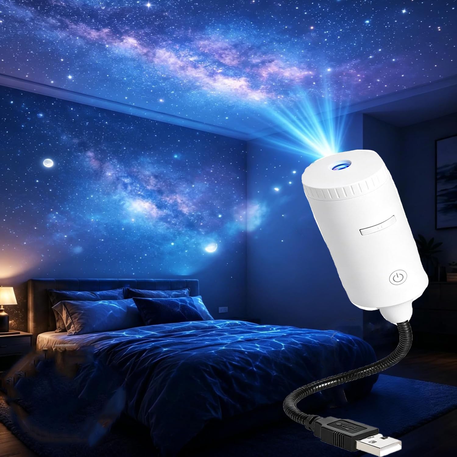 Plug and Play Star Projector,Smart Dynamic 5d Holographic Night Light Projector,360° Adjustable 2-in-1 GalaxyProjector Night Light for Bedroom Ceiling Car Decoration (White)