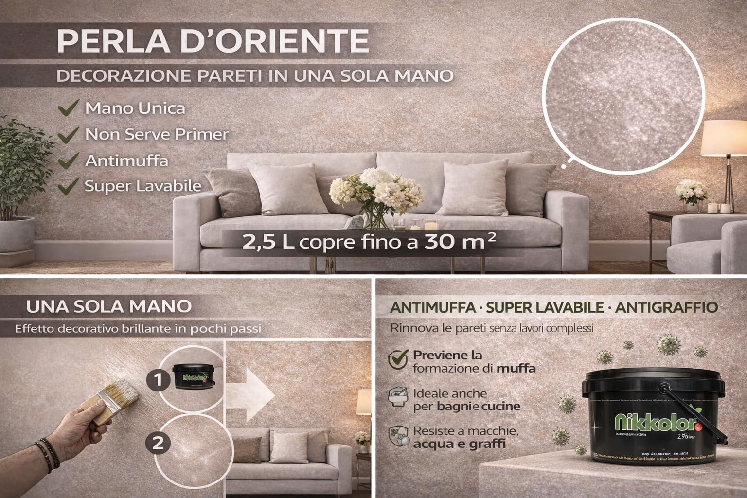 Perla d'Oriente - Pittura Perlata Effetto Sabbiato - Golden Sand | Pittura decorativa perlata per interni, lavabile e antimuffa, resa 25-30 m² con confezione da 2,5 L.
