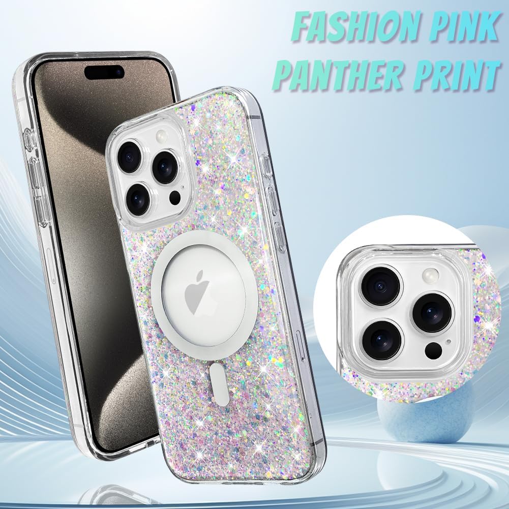 Bonoma for iPhone 15 Pro Case Sparkly Glitter Bling Back, Magnetic Support for MagSafe Shockproof, Crystal and Clear High-Duty Protection for Girls Women-Sparkly Glitter - Image 2