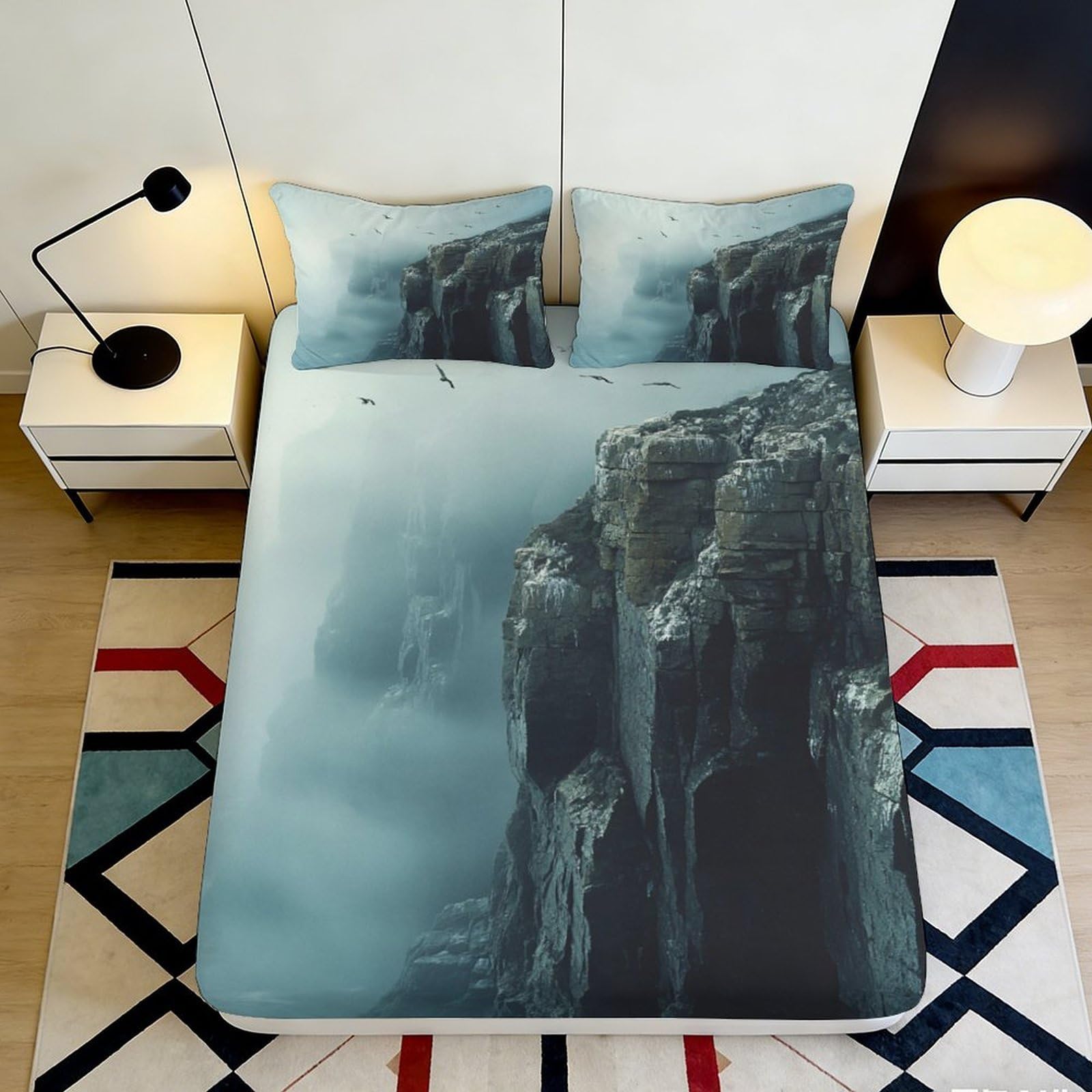 3D Printed Misty Cliff Fitted Sheet Microfiber Soft Breathable Mountain Canyon Mattress Cover for Bedroom Dorm Decor 90x200x25cm