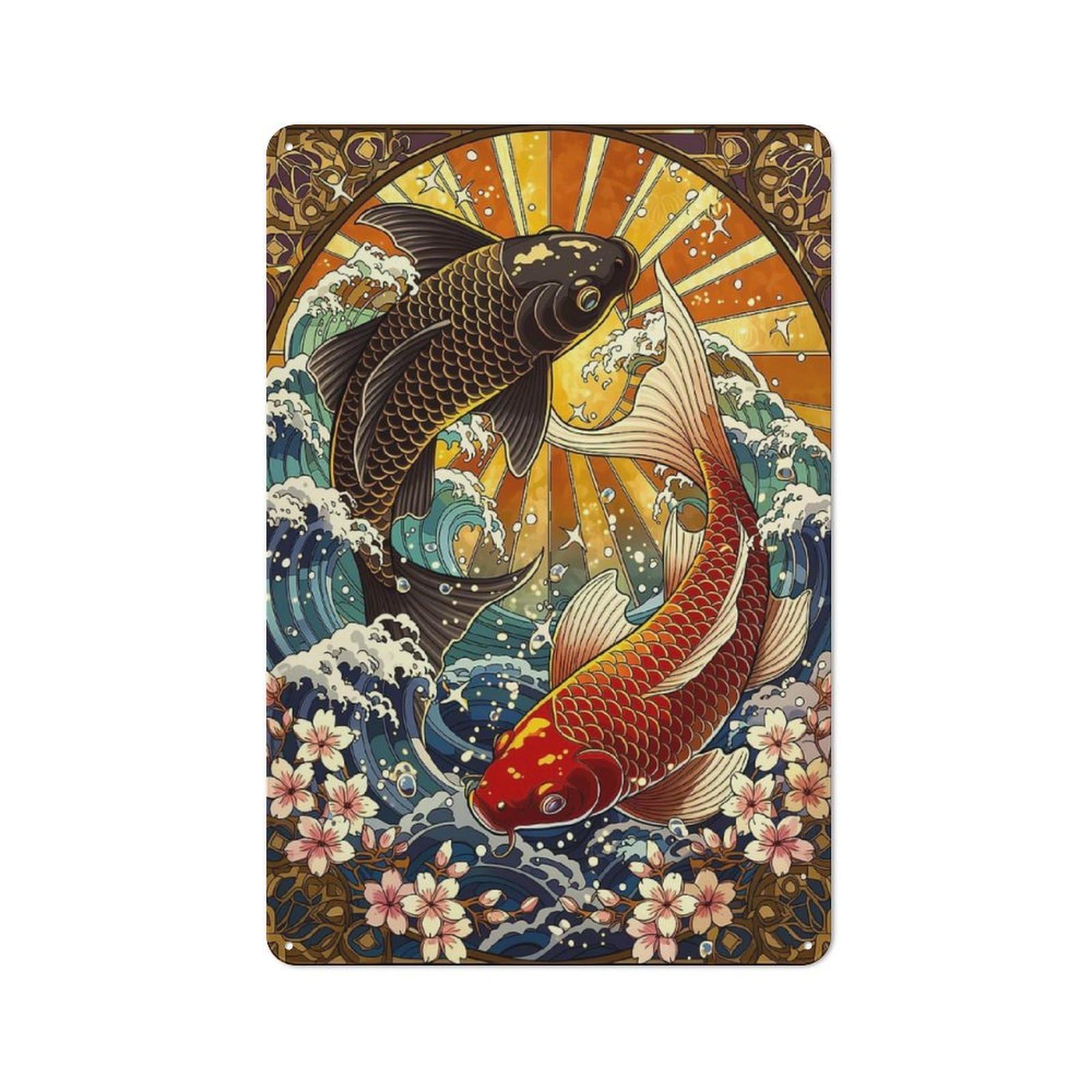 Tin Wall Plaque 30x20cm with Koi Fish And Cherry Blossoms for Pub Or Café, for Hospitality Wall Decor Collectors