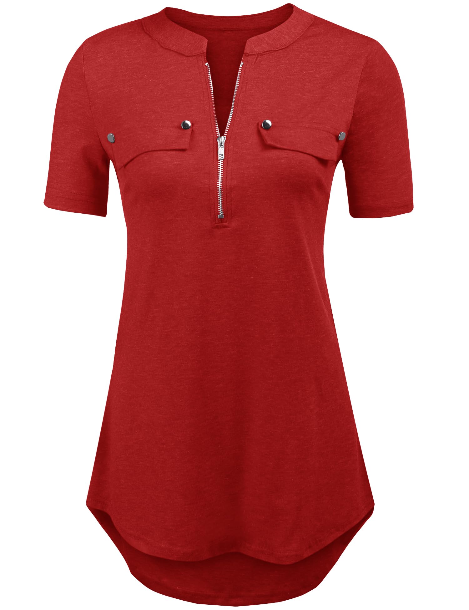 LuckyMore Women's Short Sleeve Zip Flowy Tunic Tops Business Casual Work Office Blouses Shirts (M-3XL)