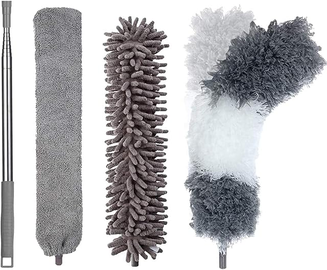 JINYUDOME Microfiber Duster for Gap Cleaning, Adjustable Long Handle Mop Washable & Flexible, Including 3 Cloth Cover and 1 Pole, Extendable Duster for Sofa Bedroom Kitchen (Grey4)