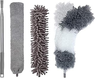 JINYUDOME Microfiber Duster for Cleaning, Gap Duster Feather Duster Bendable Dusters, 3 Different Cleaning Head and 1 Extension Pole, Meet All Your Household Cleaning Task