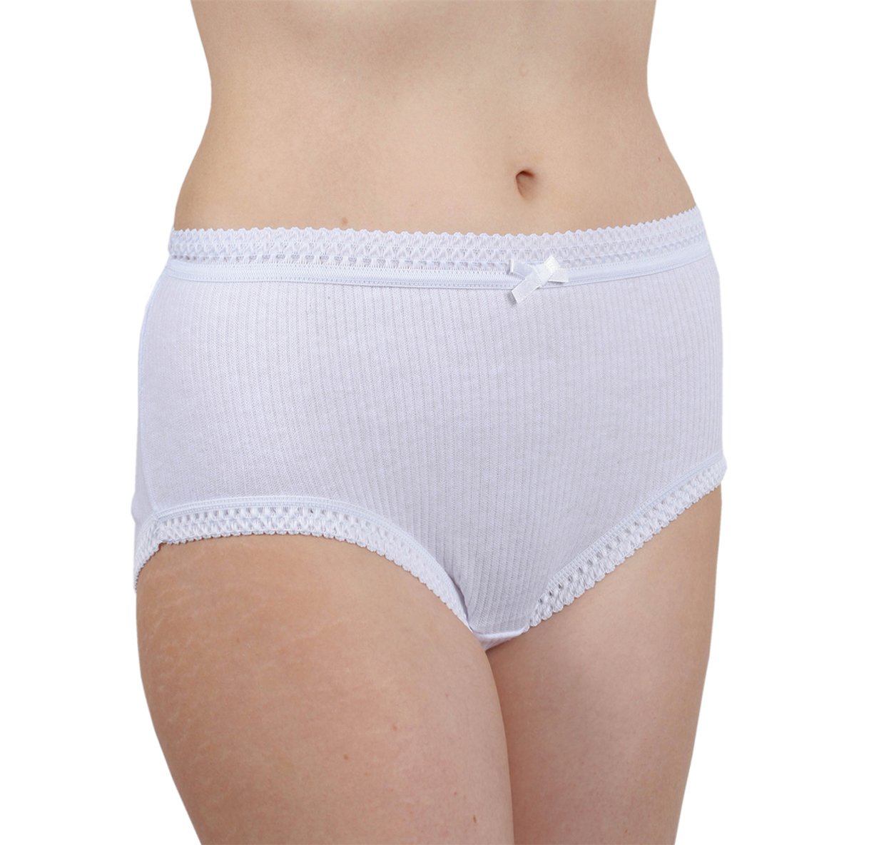 3 Pack Of Womens/Ladies Underwear 1x1 Ribbed Full Size Briefs 100% Cotton White, OS Hips: 42"-44" (106-112cms)