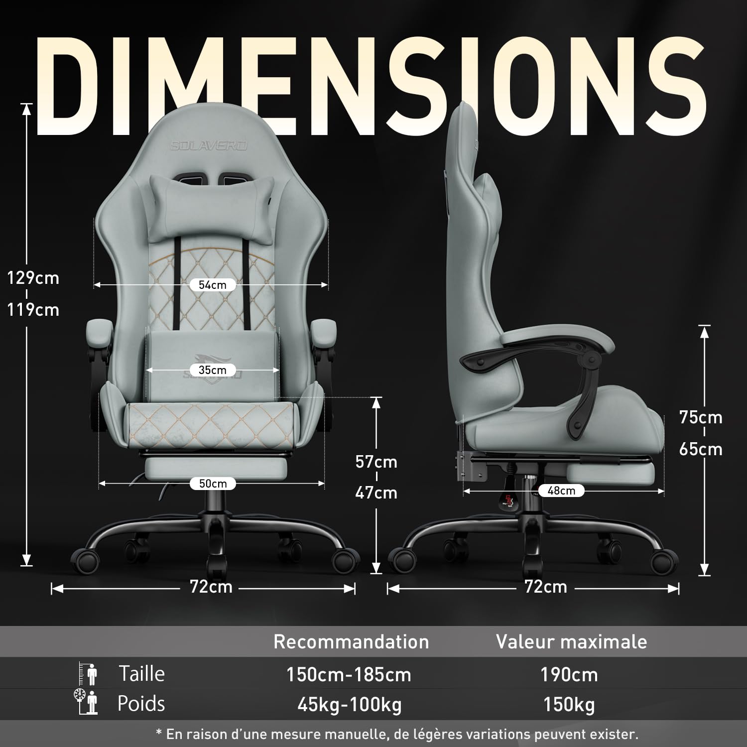 SOLAVERO Chaise Gaming en Tissu Suédine, Fauteuil Gamer Ergonomique avec Support Lombaire Massante, Siège de Bureau avec Repose-Pieds Télescopique, Charge 150kg, Bleu Clair