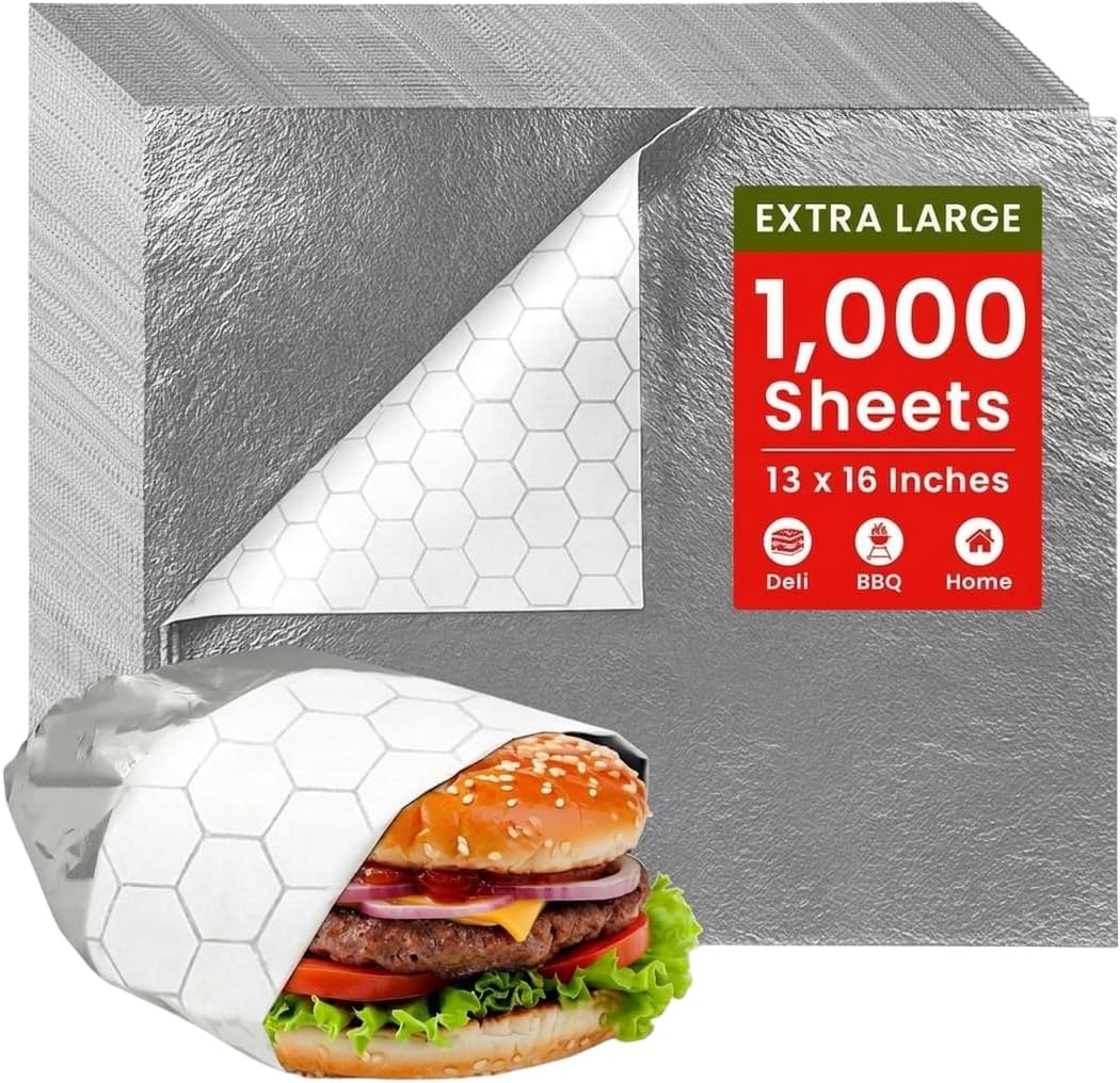 Extra Large - (500 Sheets) - Foil Sandwich Wrap Sheets With Foil Backing - Burrito Wrappers Sandwich Paper Wrap - Food Wrapping Deli Wraps - 13 x 16 Inches thumbnail