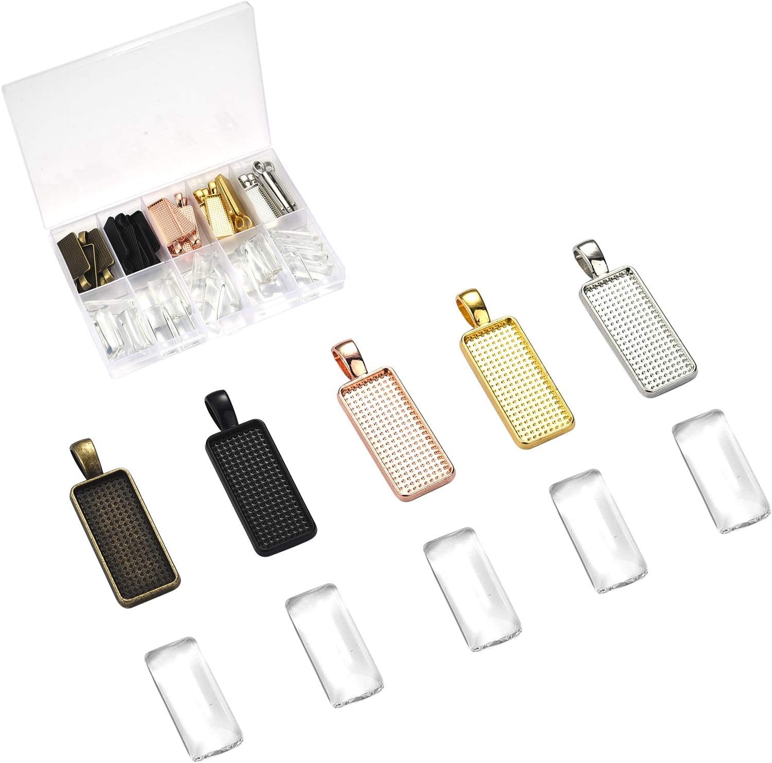 OBSEDE 50 Pcs Pendant Trays with Glass Cabochon Domes Rectangle Bezel for DIY Jewelry Making Photo Keychain Necklace Earring Blank Base Setting Assorted Colors Accessories Supplies