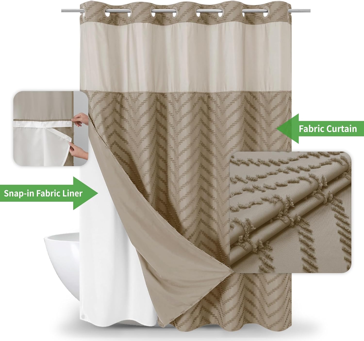 No Hook Boho Farmhouse Shower Curtain with Snap-in Fabric Liner set-71Wx74H(72H),Beige Tufted Chevron Striped Hotel Grade Cloth Shower Curtains for Bathroom with Window,Water Repellent