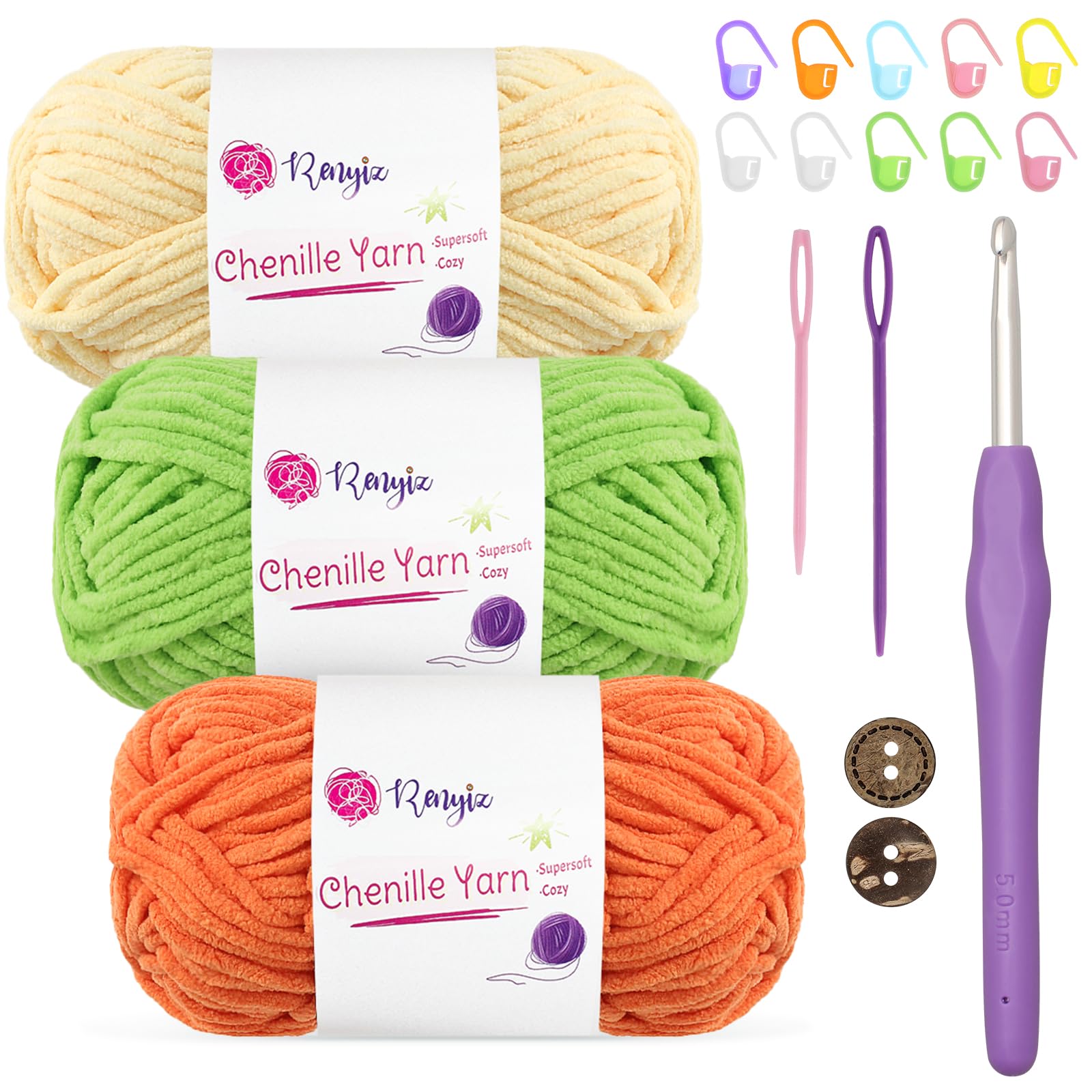 Renyiz Chenille Chunky Yarn for Crochet 3x50g (60m/Skein) Soft Fluffy Wool Ideal for Blankets Amigurumi, Beginner Crocheters