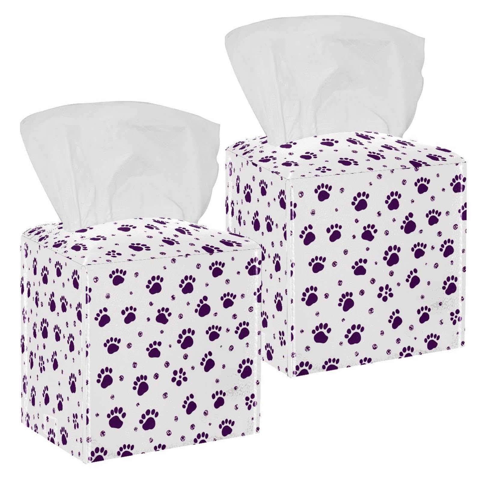 Dog Paws Tissue Box Cover, 2 Pack PU Leather Square Facial Tissue Dispenser Box holder for Home Office Car