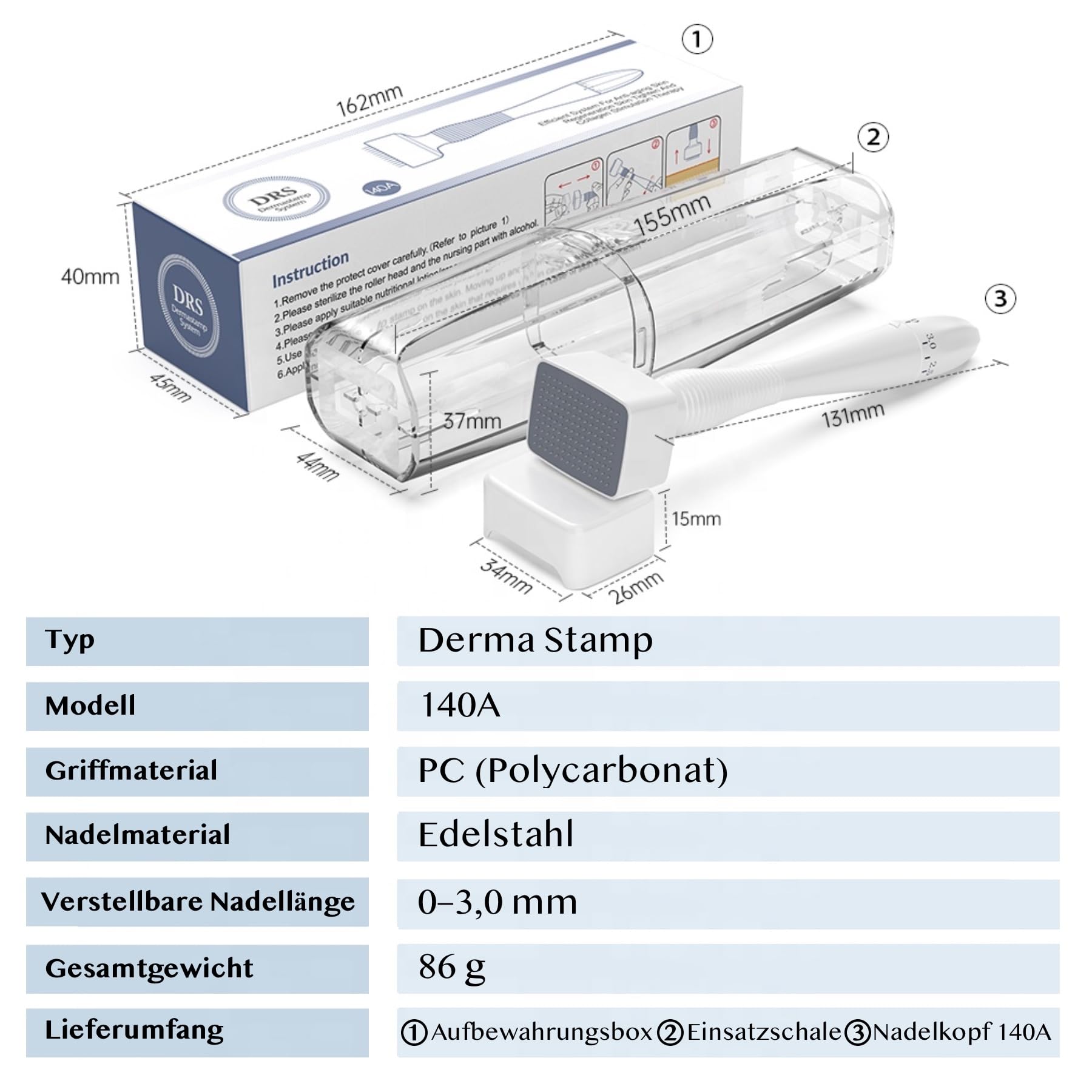 P-Beauty Derma Stamp 140A - Microneedling Pen con 140 aghi in acciaio inox di alta qualità, lunghezza regolabile 0-3 mm, per cicatrici da acne, rughe, cicatrici, pori, ringiovanimento della pelle e