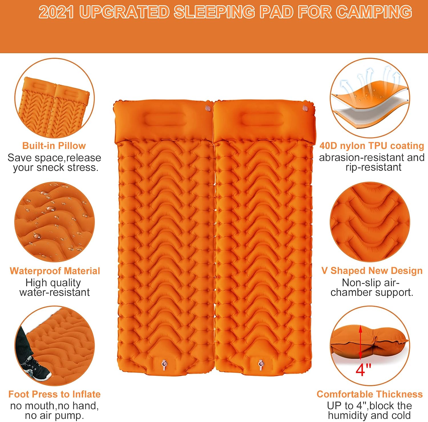 GDPETS Sleeping Pad Camping Mattress Mat - Ultralight Sleeping Pad for Camping - 4 Inch Thick Waterproof Air Mattress Camping self Inflating Sleeping Pad Mat (Orange)