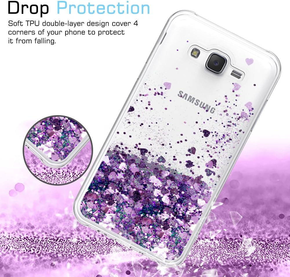 LeYi J7 Case,Galaxy J7 Case with HD Screen Protector for Girls Women, Glitter Shiny Cute Design Moving Quicksand Liquid Clear TPU Protective Phone Case for Samsung Galaxy J7 J700 2015 ZX Purple