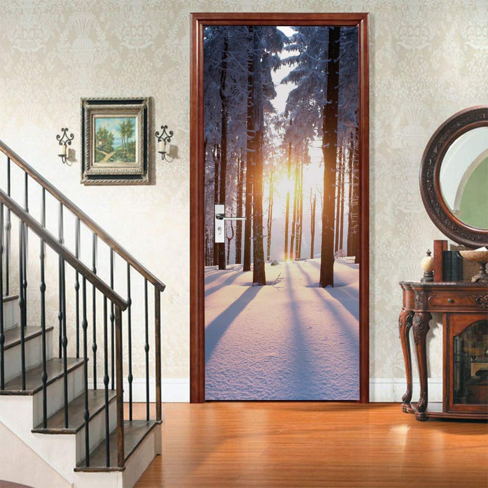 3d Stickers Porte scène de neige au coucher du soleil 3d Sticker Porte En Bois Auto-AdhéSif Mural De La Maison Stickers Muraux Chambre Salon Affiche Amovible Art Autocollants L100 x H200cm