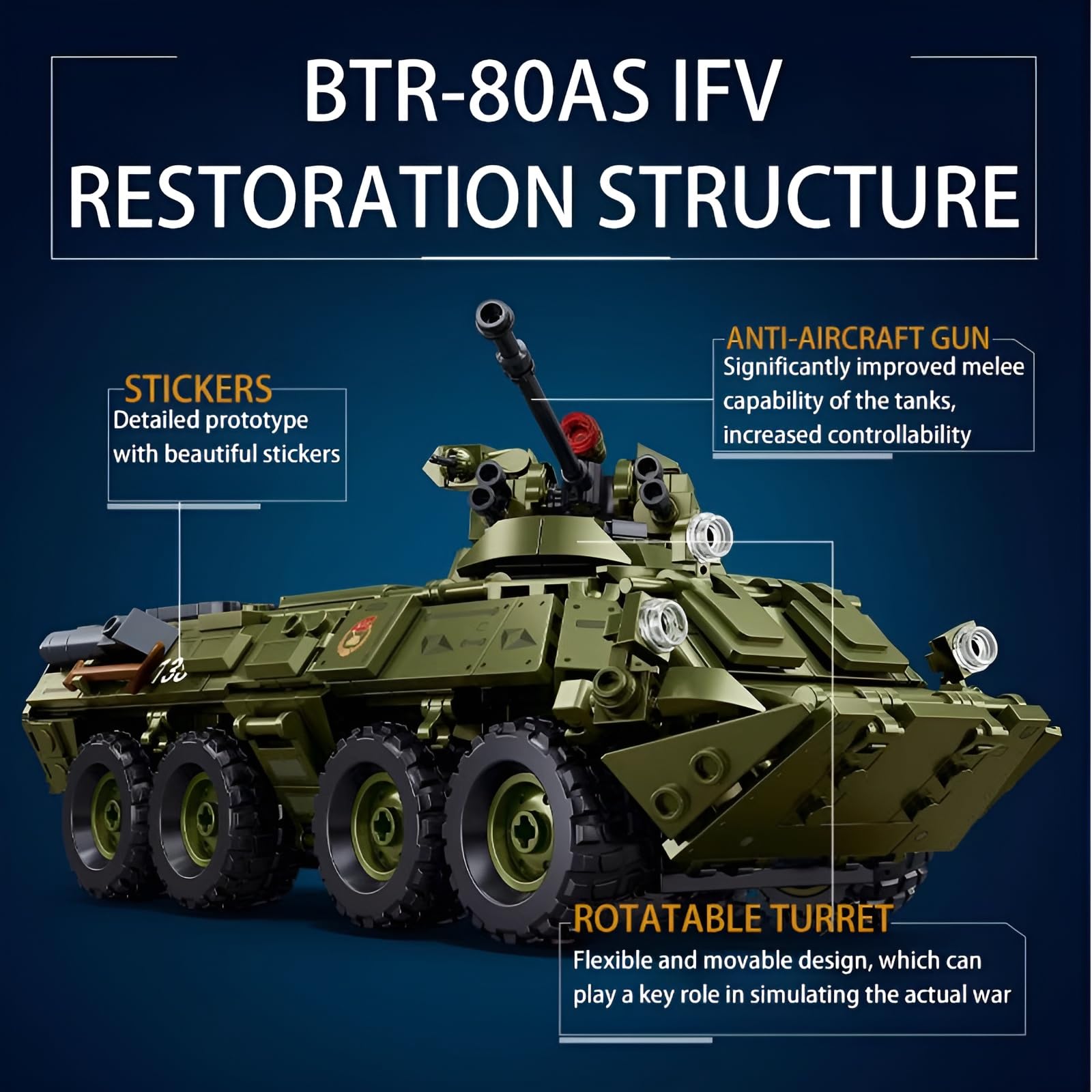 Fuleying Military Building Set, 1: 35 BTR-80AS Infantry Fighting Vehicle Building Blocks - Image 3