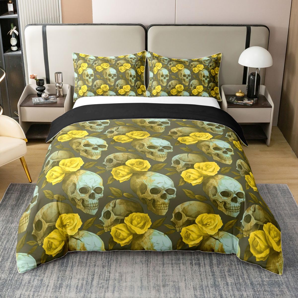 Homewish Halloween Schädel Baumwoll Bettwäsche 155x220 | Gelbe Rosenblume Deckenbezug für Teenies Erwachsene Gotisches Skelett Bettbezug Zucker Schädel Bettset 2 Teilig