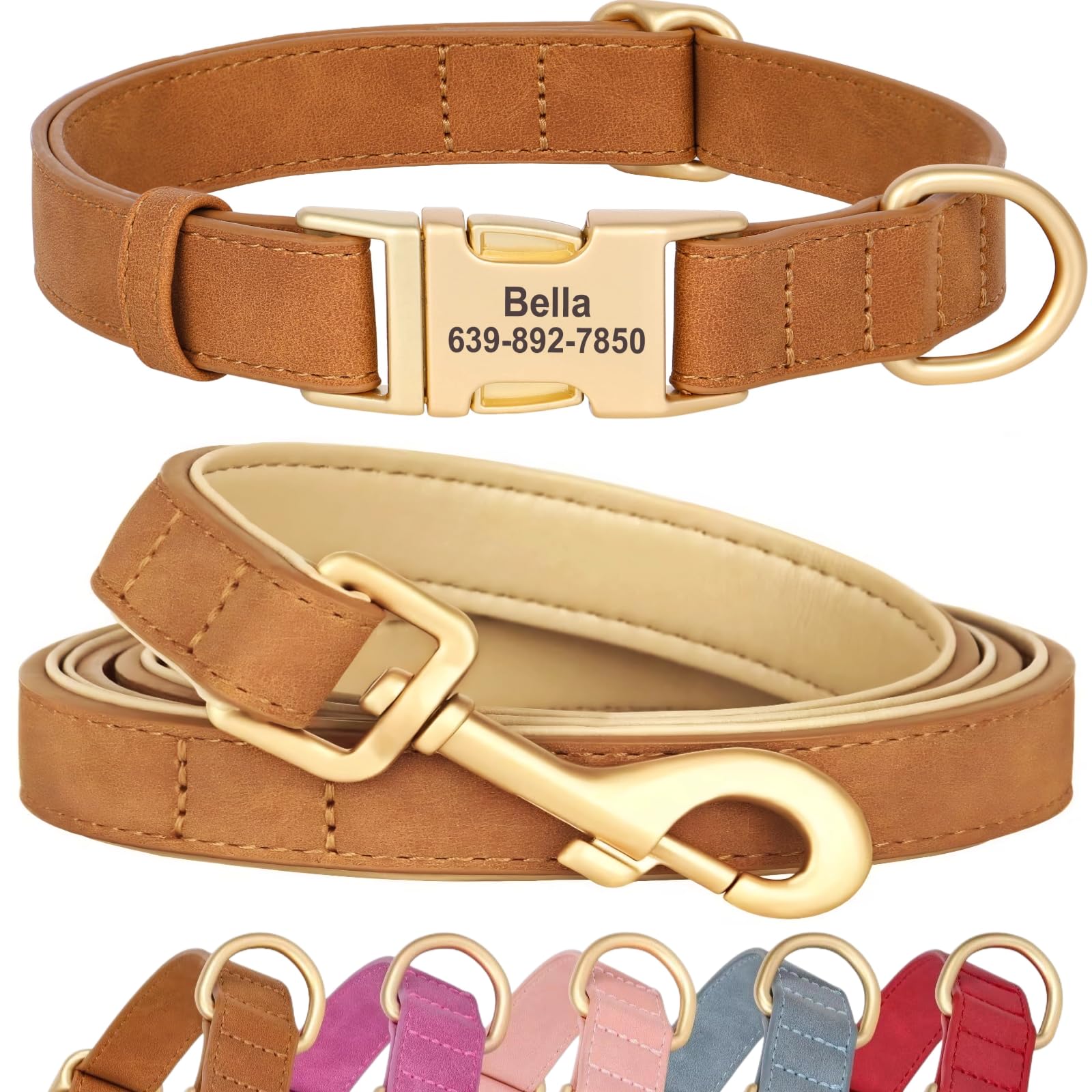SEOUGEE Personalised Dog Collar and Lead Set, Custom Soft PU Leather Dog Collars, Adjustable & Durable Pet Collars with Quick Release Metal Buckle for Medium Dogs (M, Camel Set 32-52cm)