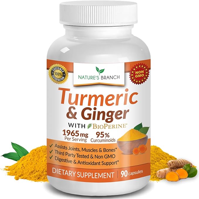 Turmeric and Ginger Supplement | Organic Powder & BioPerine 1965mg | Joint Support with Black Pepper Extract and Curcumin | Made in USA, Vegan, Non GMO Pills | Extra Strength 90 Capsules