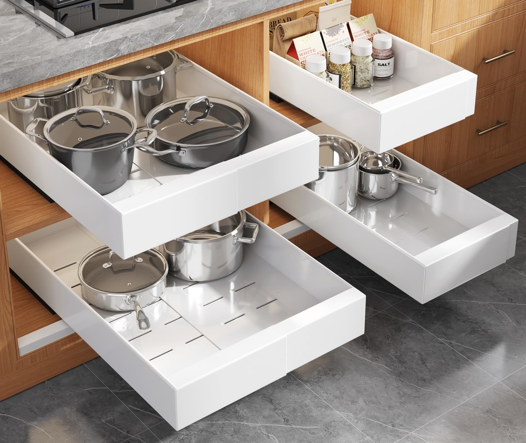 Seinloes 4 Pack Expandable Pull Out Cabinet Organizer 21" Deep With Raising Pad for Framed Cabinets,Upgrade 3 Slide Rails Slide Out Drawers,No Drill Roll Out Shelves,Adjustable Width 9"-14" White