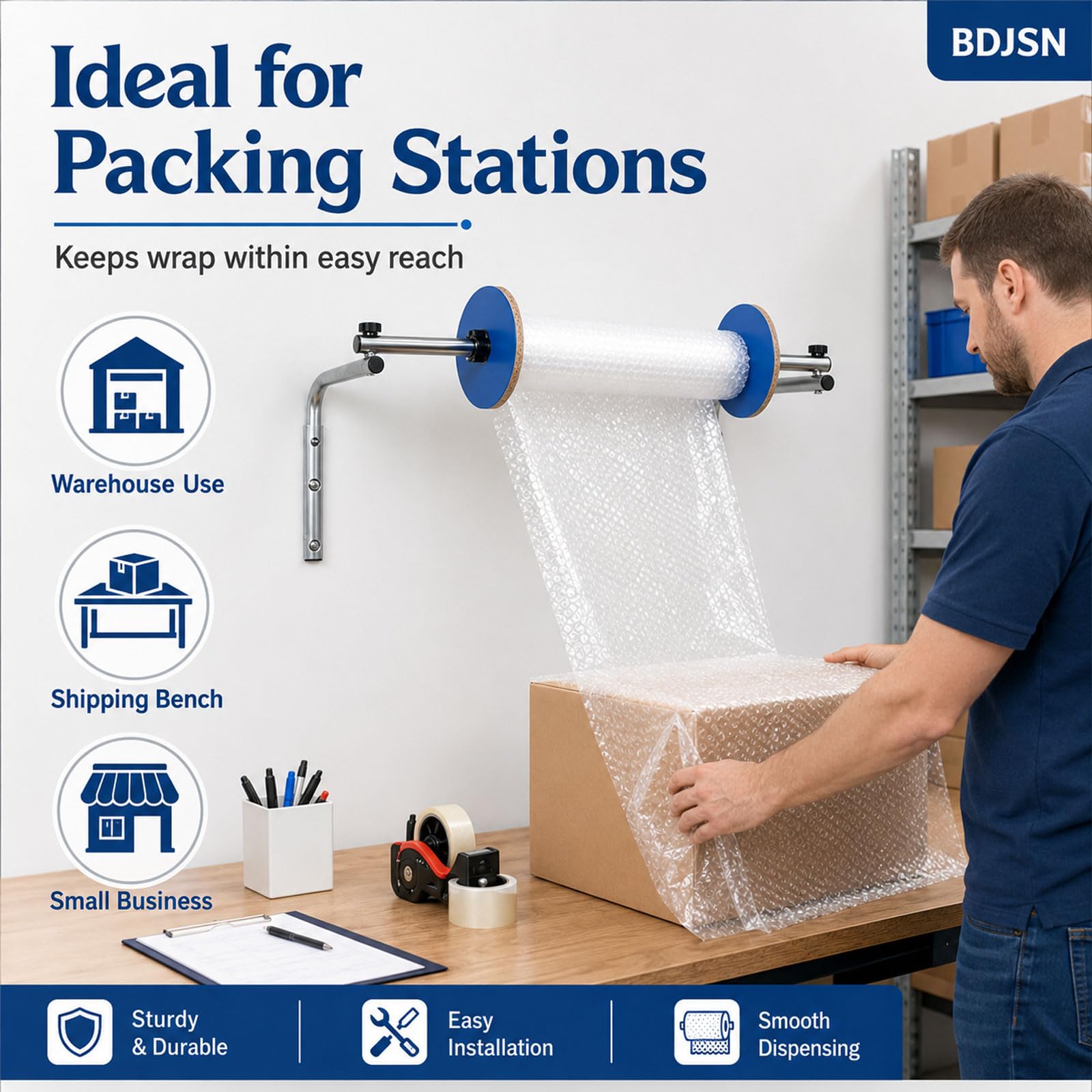 Dispenser per Rotolo di Pluriball, Supporto A Parete da 40 Cm, Telaio di Supporto in Acciaio Zincato Rinforzato per Film da Imballaggio, Ideale per Centri di Spedizione, Magazzini, Traslochi E