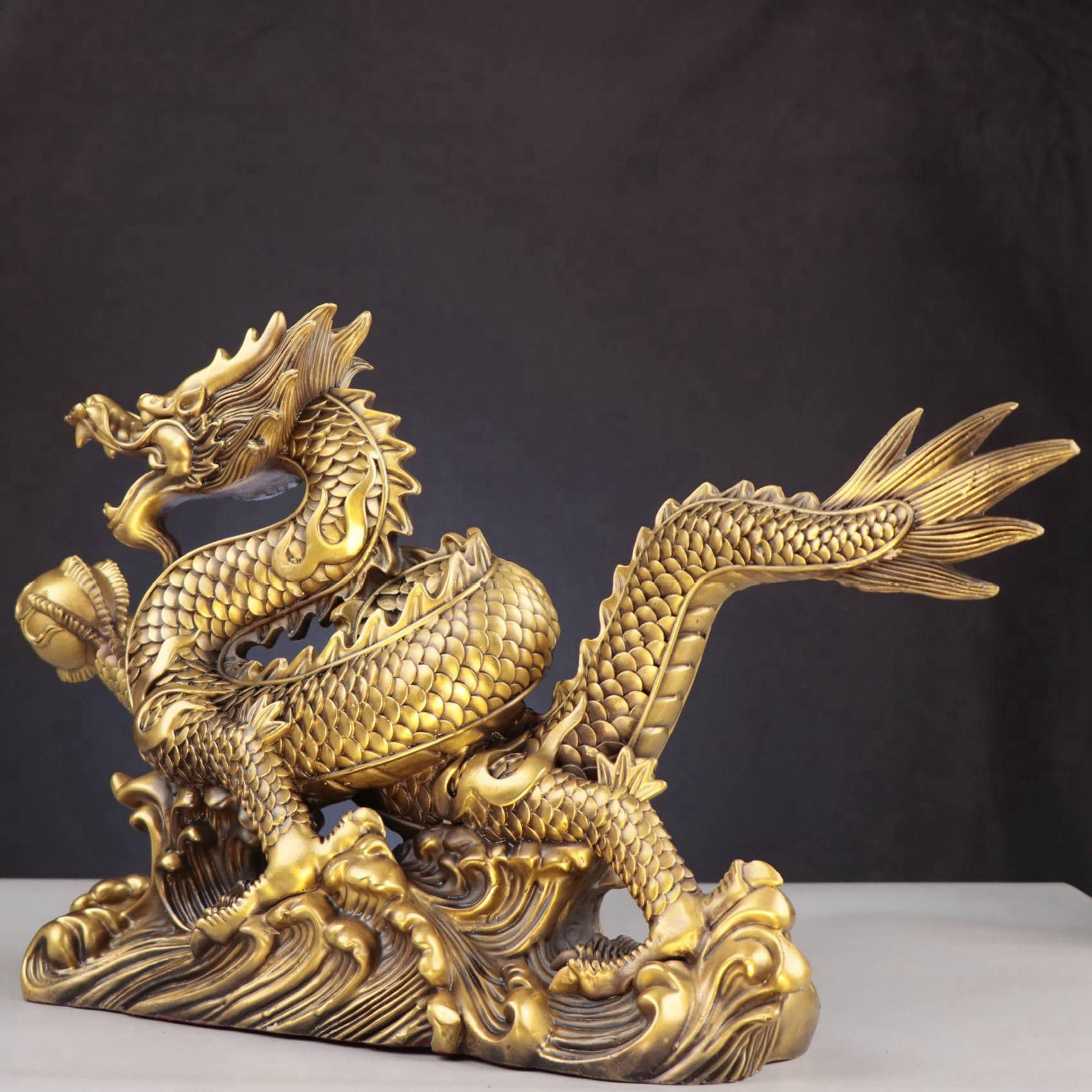 Qarmijaer Brass Chinese Feng Shui Dragon Statue Decor for Wealth and Success Good Lucky Gifts, Gold Yellow - Image 3