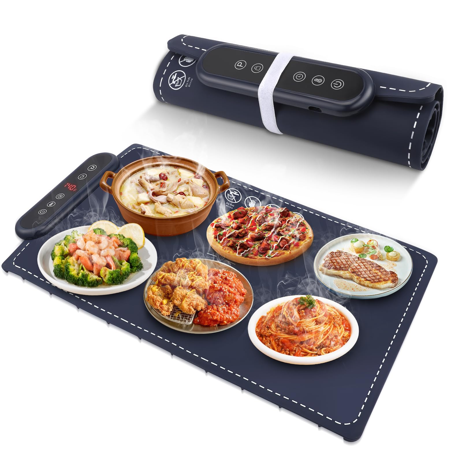 Chauffe Plat Électrique avec 6 Temp（50-100 °C), Laque Chauffante électrique Portable pliable en Silicone Affichage ℃/℉ Facile à Nettoyer pour Buffet, fête, Décongélation, Réceptions Garder au ChaudZ