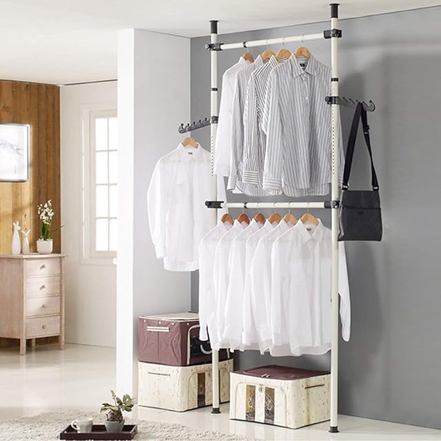 Youyijia Telescopic Clothes Rail Heavy Duty Clothing Rack for Bedroom Adjustable Height 270-320cm Width 80-120cm Wardrobe Organizer Coat Hanger Garment Rack Hanging Rail for Clothes 2 Poles 2 Bars