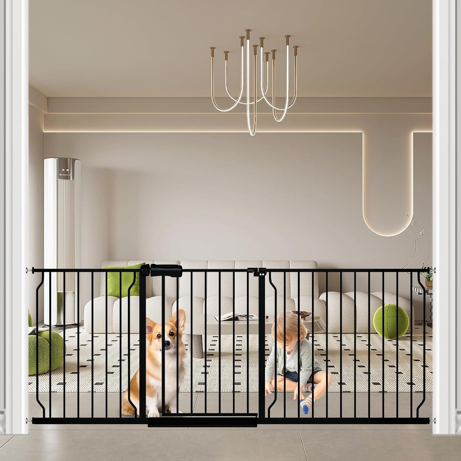 Fairy Baby Extra Wide Baby Gate Black 71.6-76.37 Inch Wide, Walk Through Pressure Mounted No Drill, Long and Large Tension Gate for Pet and Kids