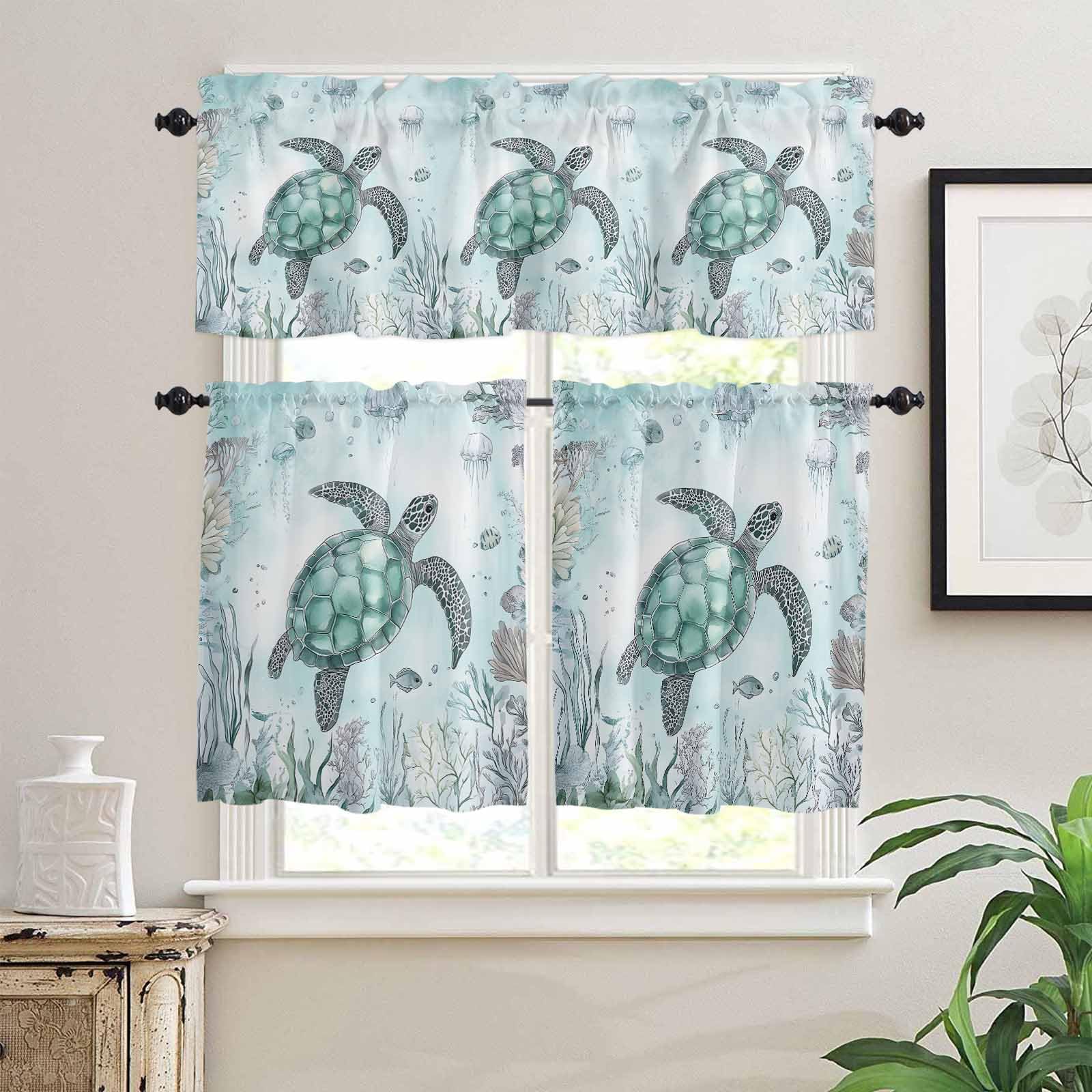 Coastal Sea Turtle Kitchen Curtains 24 Inch Length, 3 Piece Rod Pocket Small Half Tiers and Valance Set, Nautical Marine Jellyfish Coral Small Large Window Treatment Decor for Bedroom/Bathroom Sink