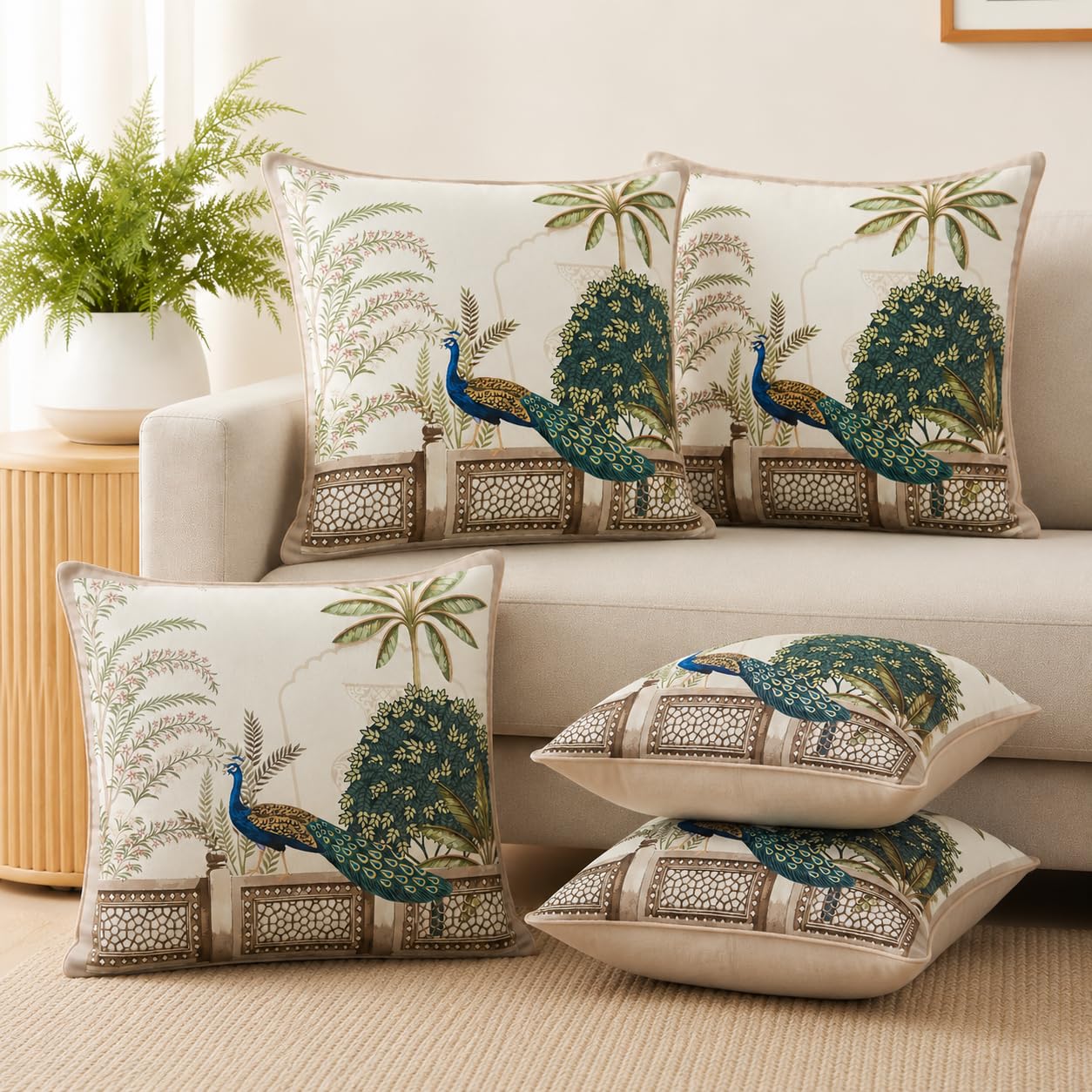 Peacock Garden Printed Cushion Covers | Ivory with Beige Piping | Set of 2 | 16x16 Inch Satin Cushion Covers for Sofa & Bed-image-45