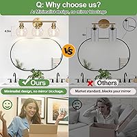 Vista 6 de Lámparas de baño de 3 luces, luces de tocador modernas de oro cepillado sobre espejo con pantalla de globo de vidrio transparente, apliques de pared