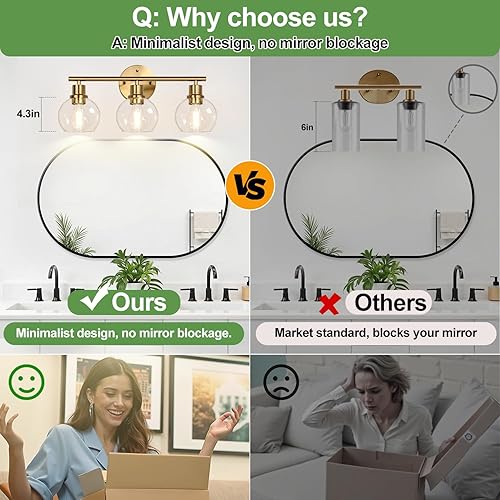 Miniatura 6 de Lámparas de baño de 3 luces, luces de tocador modernas de oro cepillado sobre espejo con pantalla de globo de vidrio transparente, apliques de pared