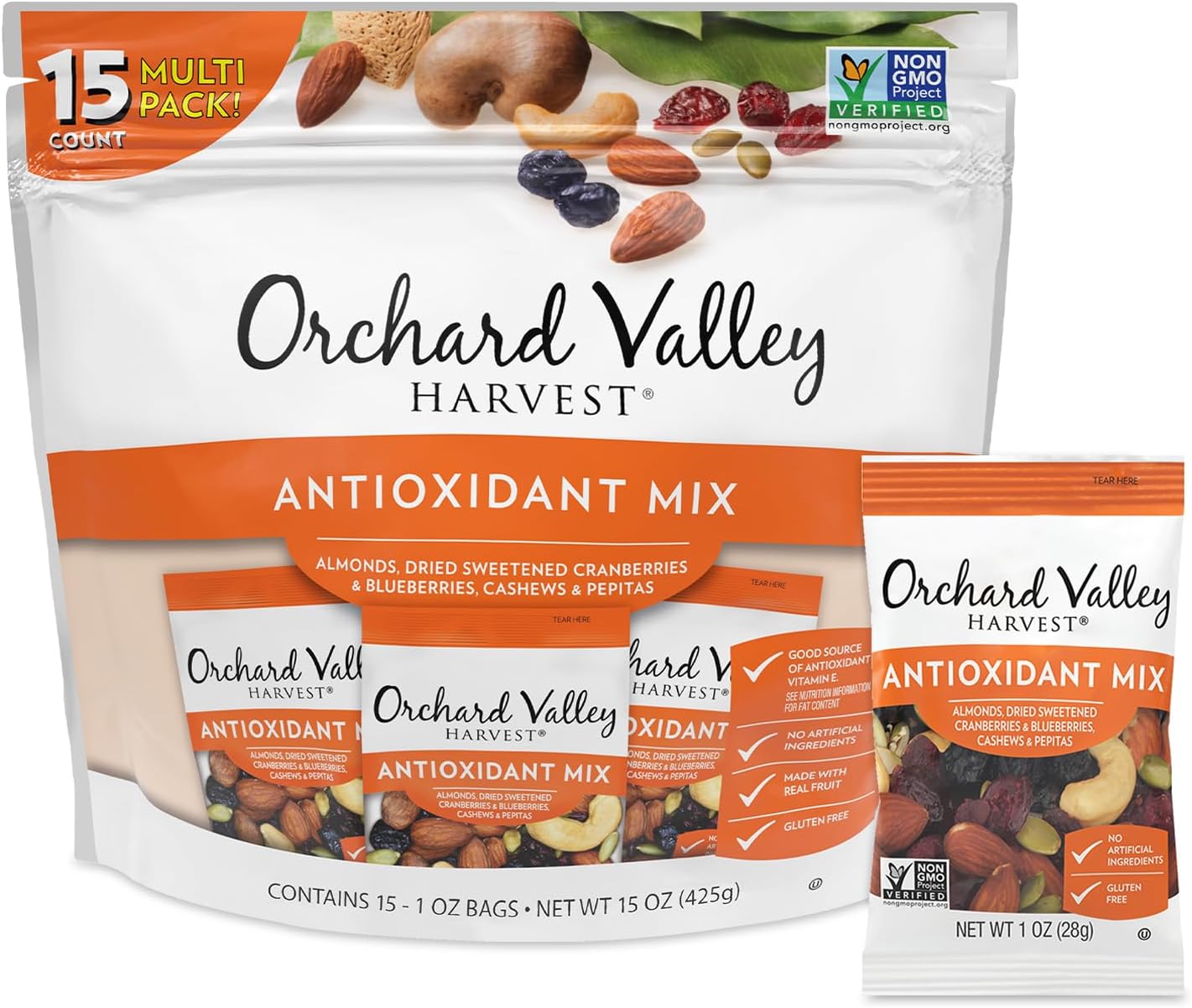 Orchard Valley Harvest Antioxidant Mix, 1 Ounce Bags (Pack of 15), Almonds, Cranberries, Blueberries, Cashews, and Pepitas, Non-GMO, No Artificial Ingredients, Healthy Snacks for Adults