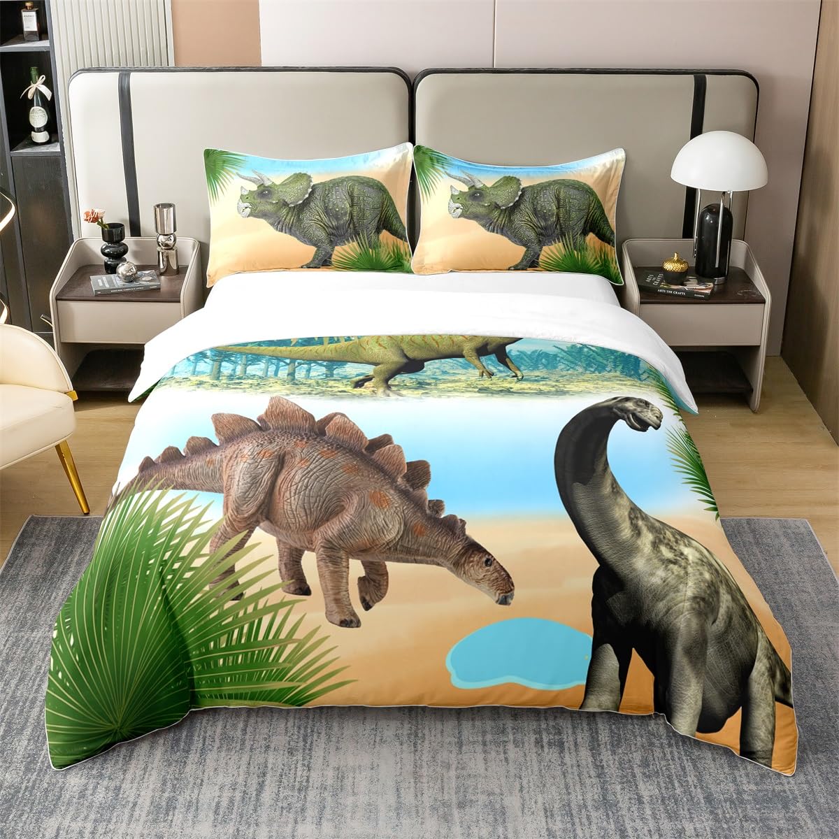Loussiesd Kinder Dinosaurier Bettbezug Set Dinosaurier Jungen Teens Dekorative 2 Stück Betten Set Weichee Bettbezug, Bettwäsche Set 135x200cm 100% Baumwolle