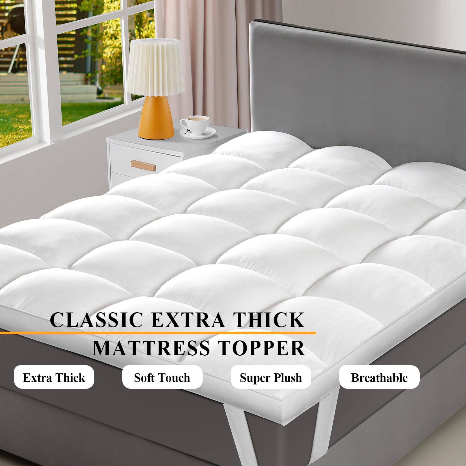 Condition photo showing Good Condition for extra thick fitted mattress topper - queen size | soft & cooling pillow top mattress pad & protector | bed topper for back pain, straps stretch 6" to 22" deep