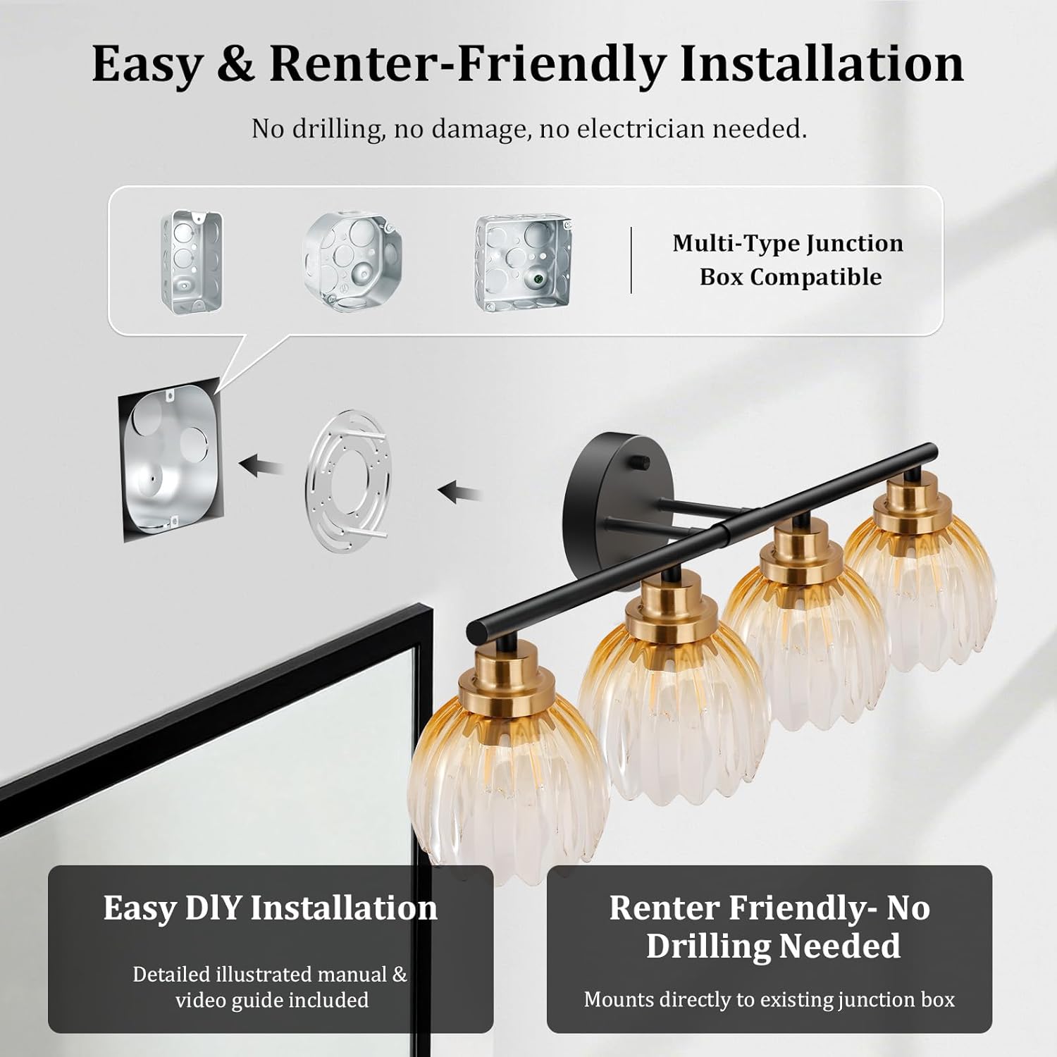 TALOYA Bathroom Vanity Light Fixtures, 4-Light Black and Gold Wall Lights for Mirror with Gradient Amber Tulip Glass Shades, Over Sink Lighting for Bedroom, Living Room, Hallway