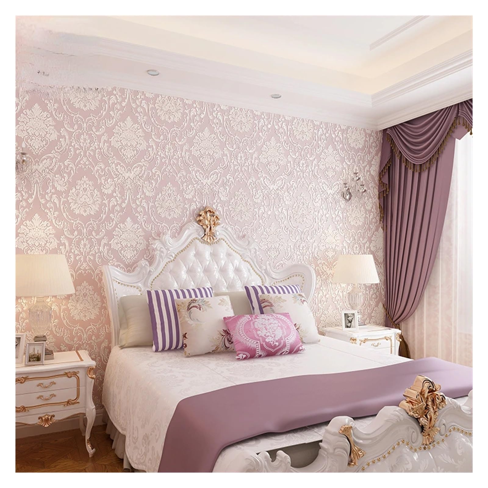 Papier Peint Textile Papier Peint Floral 3D For Chambre De Fille, Autocollant Texturé, Décoration D'intérieur En Rouleaux(White,10m(width 53cm))