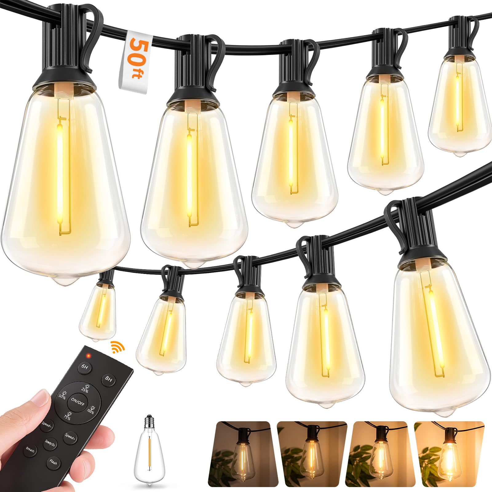 Hotsonic - Cadena de luces LED de control remoto para exteriores, impermeable, 50 pies con bombillas inastillables, luces colgantes regulables, 3 modos para patio, porche, jardín, pérgola patio, casa