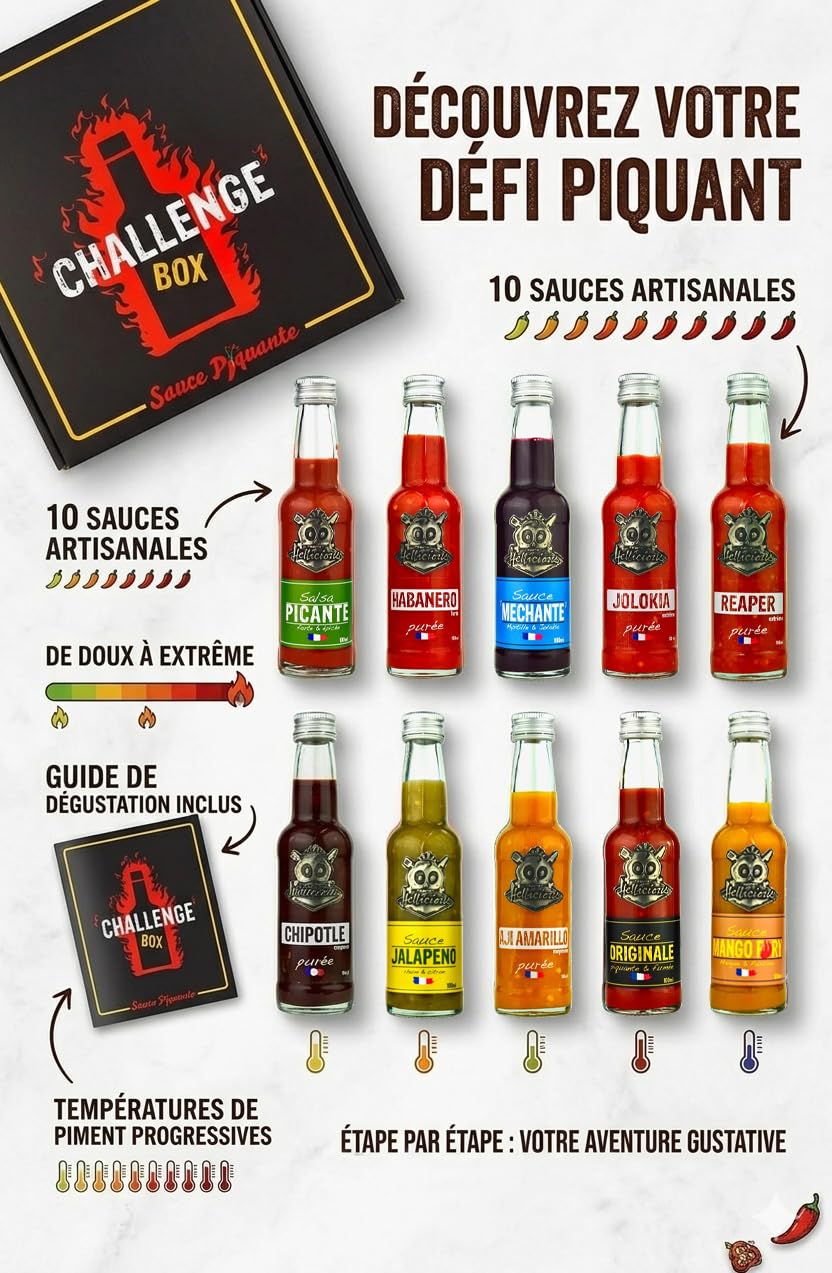 Hellicious Challenge Box, 10 Sauces Piquantes Artisanales Françaises, de 5 000 à 1 000 000 sur l'Échelle de Scoville, 1000 ml
