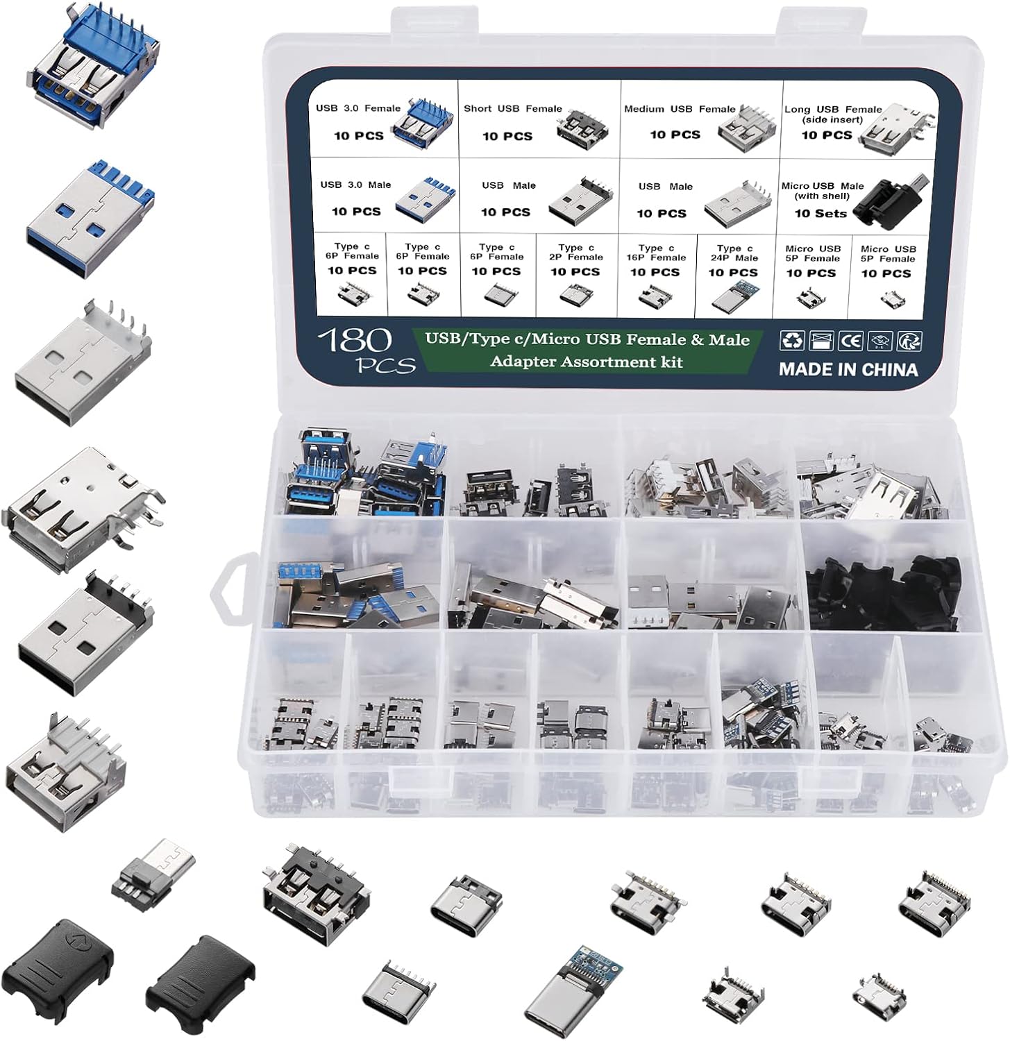 WiMas 180PCS USB 2.0 3.0 Typ A Typ C Mikro USB Männlich Weiblich Tecker ...