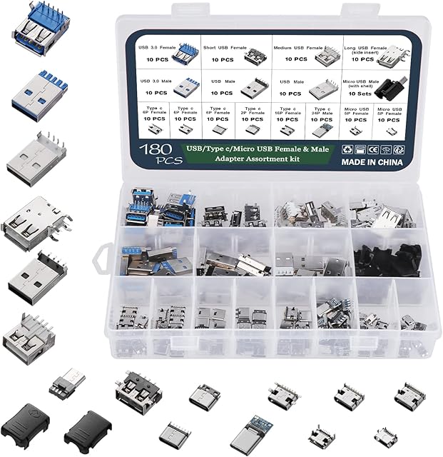 WiMas 180PCS USB 2.0 3.0 Type A Type C Micro USB Male Female Plug Adapter Connector, Soldering USB Sockets Jack Assortment Kit PCB Mounting DIY Solder Replacement Repair Parts
