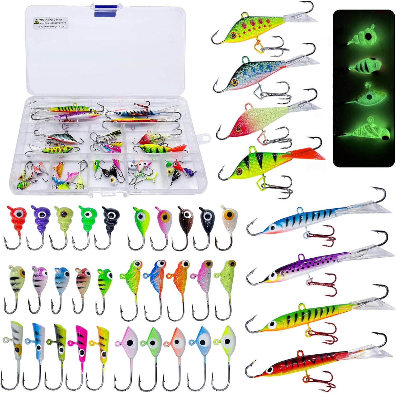 Bombite Ice Fishing Lures Ice Fishing Jigs Kit Glow Ice Fishing Jigs
