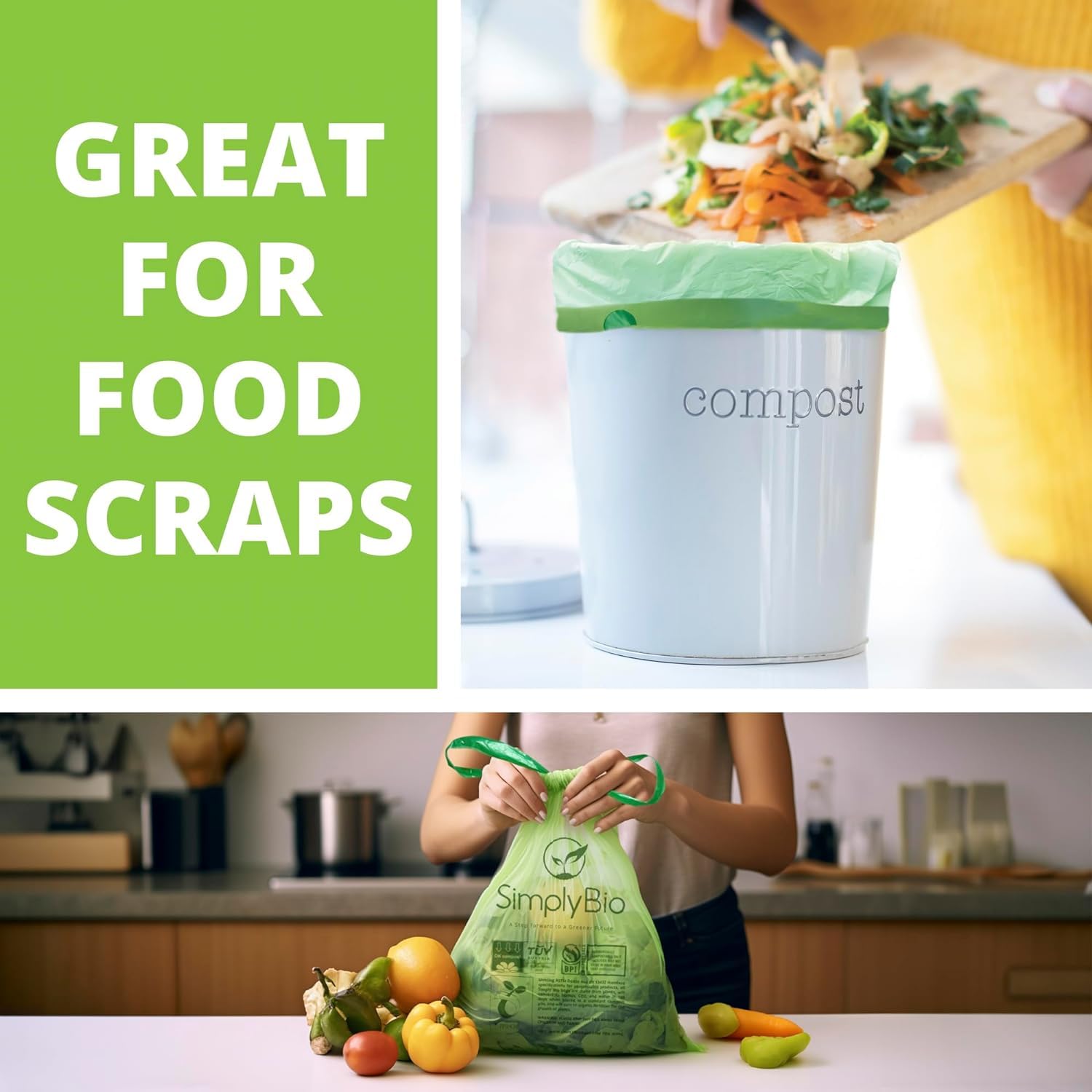 Bolsas de basura compostables de 3 galones con cordón, resistentes, extragruesas de 1 mil, 11.35 litros, 50 bolsas, pequeñas bolsas de residuos de comida de cocina, ASTM D6400, certificación US BPI y
